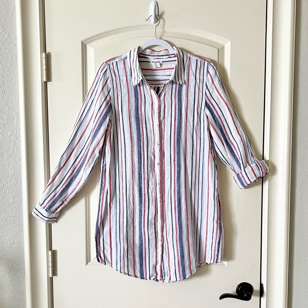 Artisan NY 100% Linen Striped Button Down Shirt - Red White Blue - Large
